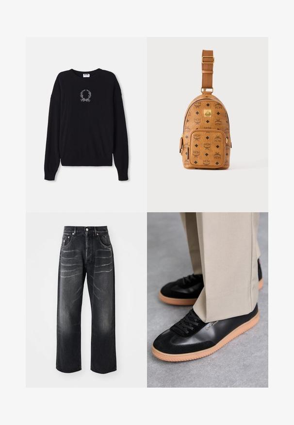Schwarzer Pullover mit Rundhalsausschnitt, langen Ärmeln und gerippten Bündchen. Besitzt ein weißes, gesticktes Kranz- und Schleifendetail auf der Vorderseite.; Schwarze gerade Jeans mit verblassten Falten an den Oberschenkeln, Vorderknopf, Reißverschluss und Fünf-Taschen-Design.; Paul Smith COMO - Sneaker low - black; Kleine hellbraune Leder-Crossbody-Tasche mit verstellbarem Riemen, Frontreißverschlusstasche und sich wiederholendem schwarzem MCM-Logo-Muster.