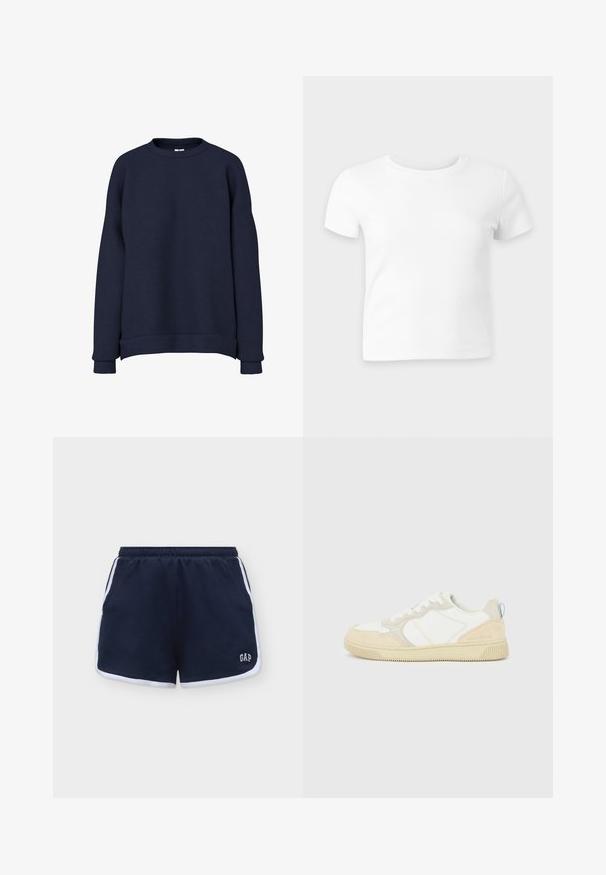 Sweat-shirt bleu foncé à manches longues avec col rond, poignets et taille côtelés, présenté sur fond blanc.; T-shirt blanc uni à manches courtes et col rond sur fond gris clair, présenté à plat face vers l’avant.; Shorts décontractés bleu marine avec bordure blanche, taille élastique, poches latérales et logo blanc "GAP" en bas à l'avant à droite.; Baskets blanches et beiges avec dessus en suède et textile, présentant des coutures contrastées, une semelle en caoutchouc et un accent bleu clair sur le talon.