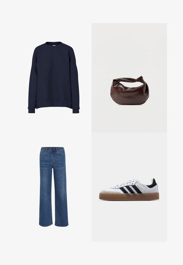 Donkerblauwe trui met lange mouwen en ronde hals, met geribde boorden en zoom, afgebeeld op een witte achtergrond.; Wijduitlopende jeans van middelblauwe denim. Voorzien van een knoop- en ritssluiting, vijf zakken en subtiele vervaging op de stof.; Witte leren sneakers met zwarte strepen, gumrubberen buitenzool, ronde neus, vetersluiting en een zachte grijze suède neuskap.; Donkerbruine leren schoudertas met een zachte, slungelige vorm en een gedraaide knoopvormige handgreep op een effen witte achtergrond.