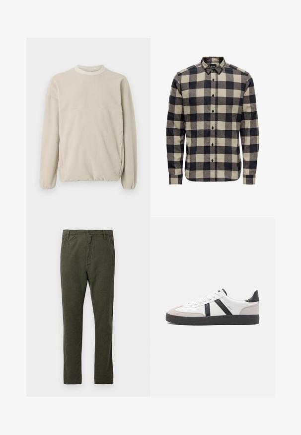 Hellbeige Fleece-Sweatshirt mit Rundhalsausschnitt, elastischen Bündchen und einer Fronttasche. Weicher Stoff, lockere Passform und minimalistisches Design.; Herren-Flanellhemd in Schwarz und Creme mit klassischem Karo-Muster, Button-Down-Kragen und langen Ärmeln mit Knopfmanschetten.; Gerade geschnittene Chino-Hosen in dunkelolivgrün mit vorderem Knopf- und Reißverschluss, seitlichen und kleinen schrägen Vordertaschen.; Weiße Sneaker mit schwarz- und grau-aczenten, ausgestattet mit einer strukturierten grauen Zehenkappe, schwarzer Gummi-Sohle und flachen weißen Schnürsenkeln. Sauberes Design, minimalistische Stil.