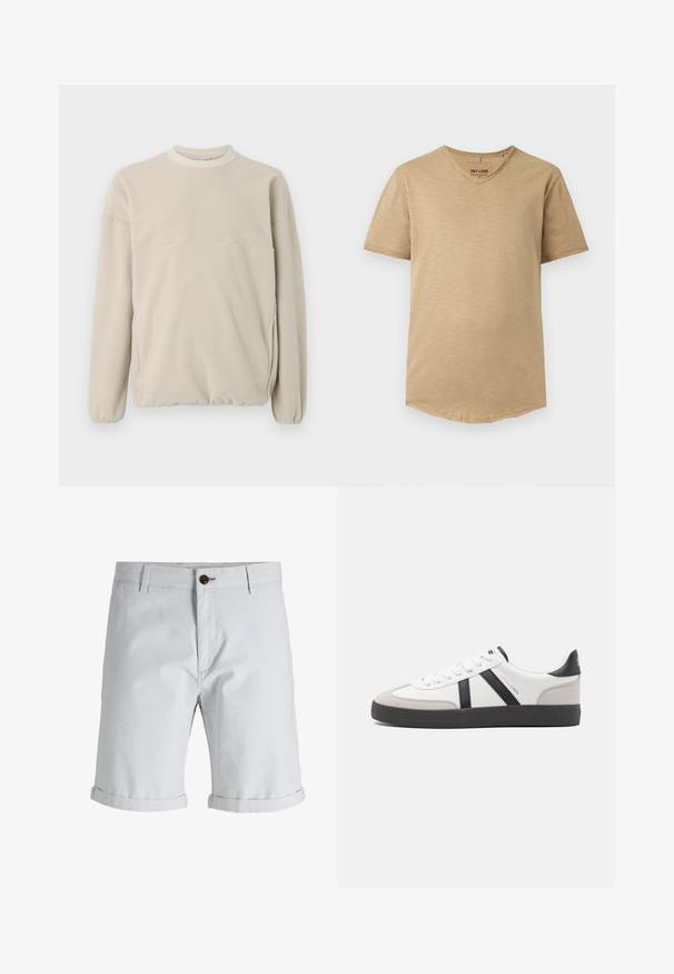 Sweatshirt en polaire beige clair avec un col rond, des poignets élastiques et une poche frontale. Texture douce, coupe décontractée et design minimaliste.; T-shirt beige homme à manches courtes et col en V, coupe slim et texture subtile, présenté à plat sur fond blanc.; Short gris clair longueur genou avec ourlets retroussés, passants pour ceinture, poches latérales et fermeture par bouton marron à la taille.; Baskets blanches avec des accents noirs et gris, présentant un embout texturé gris, une semelle en caoutchouc noir et des lacets plats blancs. Design épuré, style minimaliste.