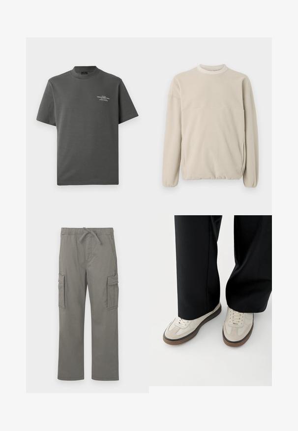 Hellbeige Fleece-Sweatshirt mit Rundhalsausschnitt, elastischen Bündchen und einer Fronttasche. Weicher Stoff, lockere Passform und minimalistisches Design.; Jack & Jones PREMIUM Printed - T-Shirt print - volcanic ash; Graue gerade Cargo-Hosen mit elastischem Bund, Kordelzug, seitlichen Klappentaschen und vorderen Schrägtaschen auf einem weißen Hintergrund.; Füße mit beigen Sneakers mit braunen Sohlen und schwarzen Hosen mit weitem Bein auf weißem Hintergrund.
