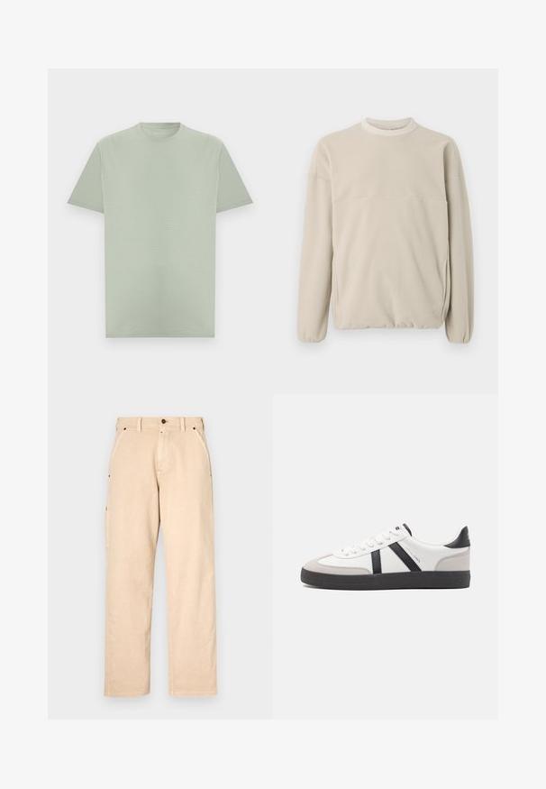 Sweatshirt en polaire beige clair avec un col rond, des poignets élastiques et une poche frontale. Texture douce, coupe décontractée et design minimaliste.; T-shirt vert clair à manches courtes et col rond avec une texture subtile de rayures horizontales, présenté sur un fond neutre.; Pantalon en coton beige avec une coupe droite, doté de poches latérales, de passants de ceinture et d'une fermeture à bouton à l'avant. Texture lisse, design minimaliste.; Baskets blanches avec des accents noirs et gris, présentant un embout texturé gris, une semelle en caoutchouc noir et des lacets plats blancs. Design épuré, style minimaliste.