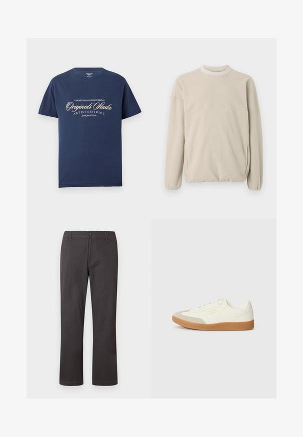 Lys beige fleece sweatshirt med rund hals, elastiske manchetter og en frontlomme. Blød tekstur, afslappet pasform og minimalistisk design.; Marineblå bomulds T-shirt med korte ærmer, prydet med hvid tekst, der siger "Tøj lavet til Everyday Originals Studio Artist District."; Mørkegrå bukser med lige ben, knappelukning, bæltestropper og diskret frontsyning på hvid baggrund.; Sneaker lavet af hvid læder med en beige tåhætte og let brunt gummisål. Har flade hvide snørebånd og prægede branding på siden.