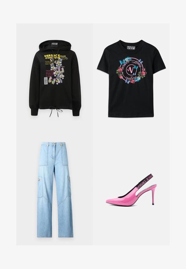Sudadera con capucha negra que presenta gráficos coloridos de flores y mariposas, texto impreso y un ajuste con cordón en la cintura. El material es suave y texturizado.; Camiseta negra con un gráfico colorido de flores y mariposas, con acentos en rosa y azul. "Versace Jeans Couture" impreso en un diseño circular.; Vaqueros de pierna ancha azul claro de denim. Cuenta con grandes bolsillos laterales, detalles de costura y un cierre de botón con acentos dorados.; Zapato de tacón alto rosa brillante con punta afilada y tira elástica negra, con la marca "Versace Jeans", sobre un fondo gris claro.