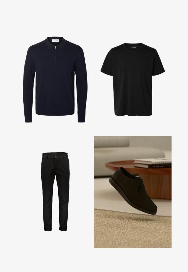 Navyblå langærmet pullover med krave og kort frontlynlås, lavet af strikstof med ribkanter ved manchetter og kant.; Ensfarvet sort t-shirt med korte ærmer og rund hals, herrepasform, uden synlige mønstre eller logoer foran.; Sorte bomuldsbukser med lige pasform, knaplukning og opkrøllede bukseben. Glat tekstur og minimalistisk design uden mønstre eller accenter.; Sort læder snøresko, der svæver over beige tekstureret tæppe, med rundt træbord og stabler af bøger i blød fokus baggrund.