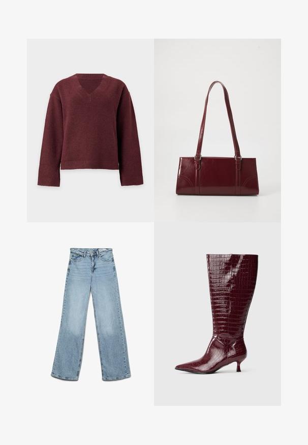 Mørkerød langærmet V-hals sweater med ribkanter ved ærmer og kant, vist mod en ensfarvet lysegrå baggrund.; Lyseblå højtaljede jeans med vide ben, knap- og lynlås-lukning, for- og baglommer samt bæltestropper.; Bordeauxfarvede knælange støvler i laklæder med krokodilletekstur, spids tå og lav blokhæl, med en slank, tætsiddende pasform.; Bordeaux håndtaske lavet af glansfuldt materiale, rektangulær form, med to skulderremme og subtile buede detaljer på forsiden.