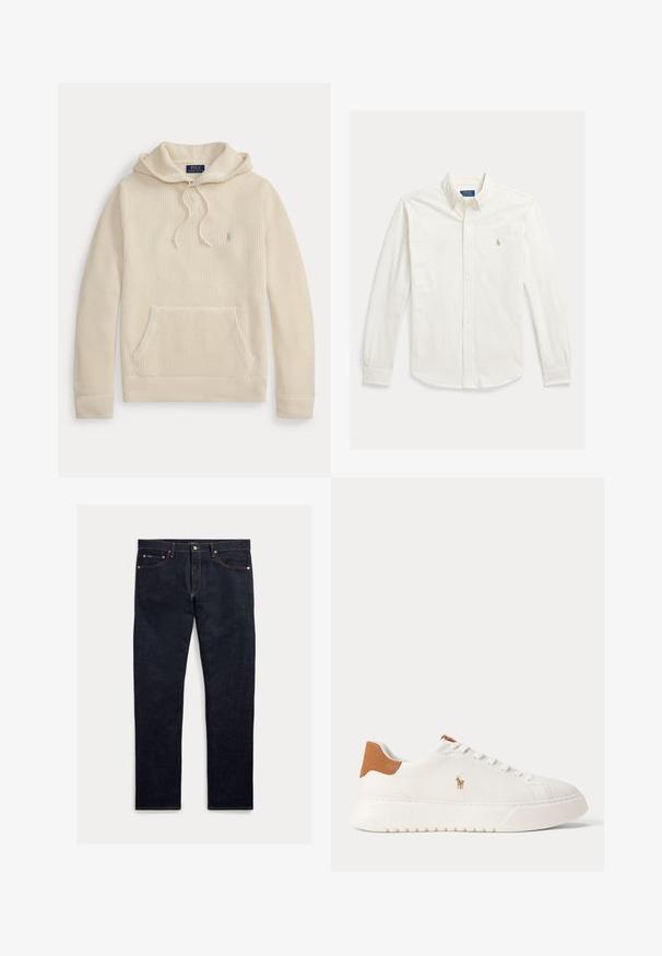 Cremefarvet strikket hættetrøje med frontlomme, snøretræk i hætten, ribstrikkede manchetter og kant samt en lille broderet logo på brystet.; Hvid langærmet skjorte med knapper og krave samt Polo Ralph Lauren-logo broderet på venstre bryst.; Mørke denimjeans med lige ben, fem lommer, orange syninger og lukning med knapper. Stoffet har en glat tekstur.; Hvid lavtop sneaker med tan hælfane, hvide snørebånd og lille broderet polo-spiller logo på siden over en tyk sål.