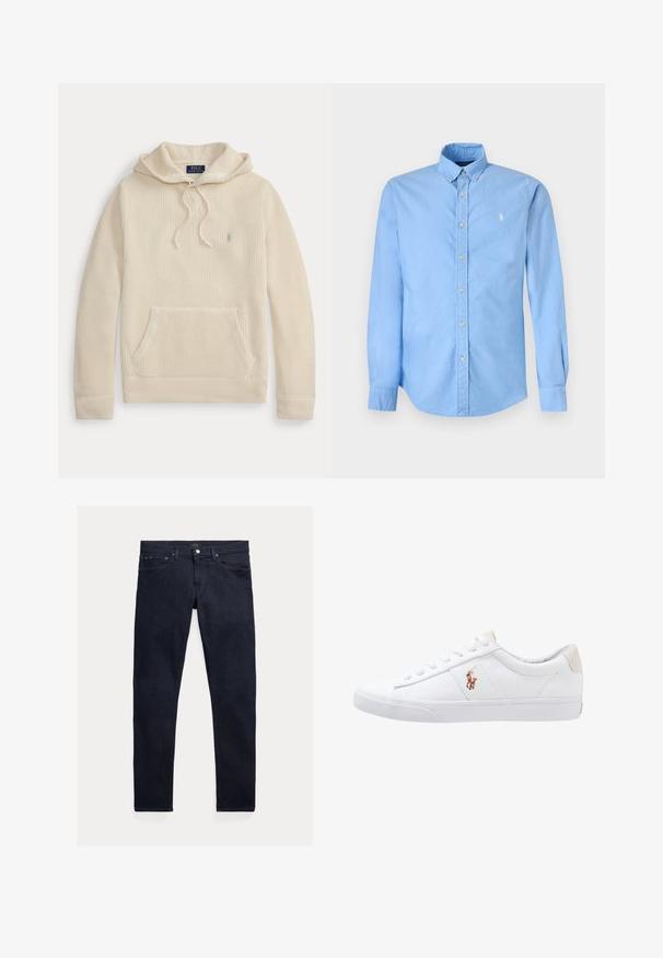 Sudadera con capucha de punto color crema con bolsillo delantero, capucha con cordón, puños y dobladillo acanalados y un pequeño logo bordado en el pecho.; Camisa azul claro de manga larga con botones, cuello abotonado y pequeño logo de caballo bordado en blanco en el pecho izquierdo.; Vaqueros de mezclilla azul oscuro con un ajuste entallado. Cuenta con cinco bolsillos, cierre de cremallera y botón metálico. Textura suave con un desgaste mínimo.; Zapatilla de lona blanca con diseño de corte bajo, que cuenta con un taco trasero beige y un pequeño logo bordado en el costado. Suela de goma.