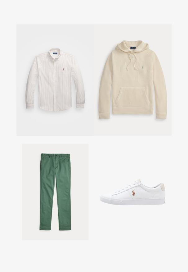 Gebreide hoodie in crèmekleur met voorzak, capuchon met trekkoord, geribbelde manchetten en zoom, en een klein geborduurd logo op de borst.; Witte button-up blouse met dunne verticale strepen in lichtbeige. Heeft een klassieke kraag, lange mouwen en een klein geborduurd logo op de borst.; Groene rechte herenbroek met voorzakken, riemlussen en knoopsluiting, plat uitgespreid op een witte achtergrond.; Witte canvas sneakers met een laag ontwerp, featuring een beige hieltab en een klein geborduurd logo aan de zijkant. Rubber zool.