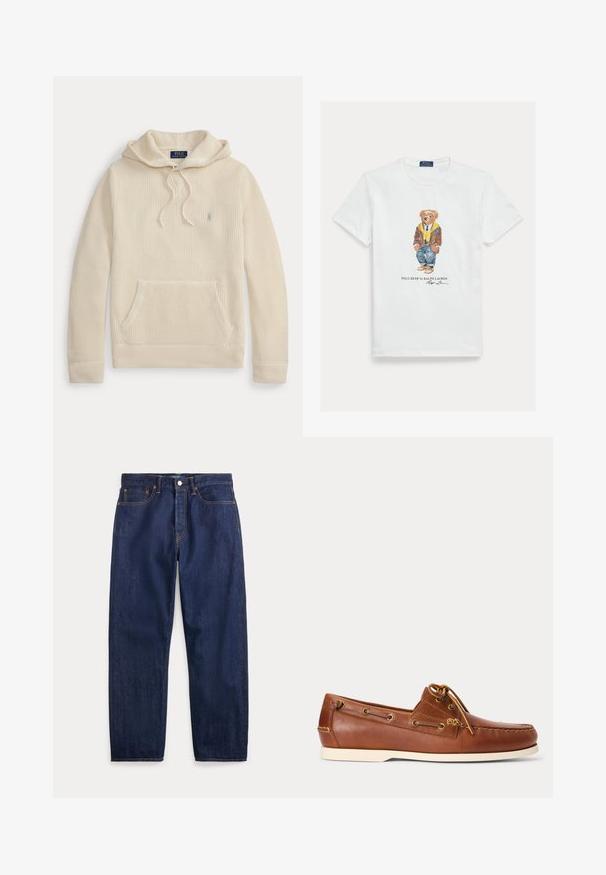 Sudadera con capucha de punto color crema con bolsillo delantero, capucha con cordón, puños y dobladillo acanalados y un pequeño logo bordado en el pecho.; Camiseta blanca de algodón con una imagen gráfica de un oso de dibujos animados vestido. Detalles destacables incluyen una chaqueta marrón, una sudadera con capucha amarilla y vaqueros azules.; Vaqueros de mezclilla azul oscuro con perneras rectas, cinco bolsillos, cierre de botones y costuras visibles.; Zapato náutico de cuero marrón con suela blanca, cordones atados en la parte superior y ojales metálicos a lo largo de los lados y la costura delantera.