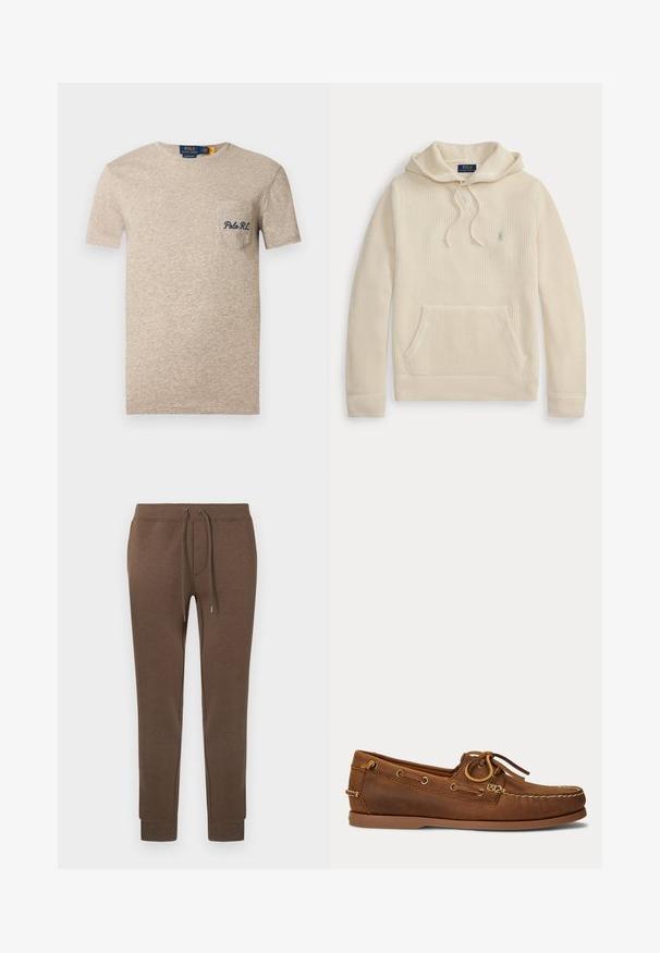 Κρεμ πλεκτό hoodie με μπροστινή τσέπη, κουκούλα με κορδόνι, ριμπ μανσέτες και τελείωμα, και ένα μικρό κεντημένο λογότυπο στο στήθος.; Μπεζ βαμβακερό μπλουζάκι με στρογγυλή λαιμόκοψη, κοντά μανίκια και τσέπη στο αριστερό στήθος με κεντημένη τη λέξη "Polo RL" σε ναυτικό μπλε.; Καφέ φόρμα σε απαλό, ελαστικό ύφασμα με ελαστική μέση, κορδόνι και ριμπ μανσέτες. Μικρό λογότυπο στο πάνω αριστερό μέρος.; Καφέ δερμάτινο παπούτσι για βάρκα με ραφή μοκασίνου, λεπτομέρεια κορδονιού διαπερασμένη από μεταλλικά οφθαλμούς και επίπεδη λαστιχένια σόλα, εμφανιζόμενο από πλάγια όψη.