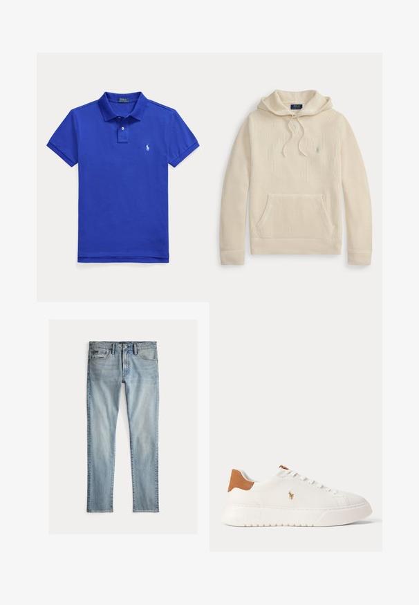 Κρεμ πλεκτό hoodie με μπροστινή τσέπη, κουκούλα με κορδόνι, ριμπ μανσέτες και τελείωμα, και ένα μικρό κεντημένο λογότυπο στο στήθος.; Μπλε κοντομάνικο πόλο με γιακά, κούμπωμα με δύο κουμπιά και μικρό κεντητό λογότυπο στο αριστερό στήθος.; Τζιν σε ανοιχτό γαλάζιο χρώμα με κλασικό σχεδιασμό πέντε τσεπών, θηλιές για ζώνη και κούμπωμα με κουμπί, τοποθετημένο πάνω σε λευκό φόντο.; Λευκό sneaker χαμηλού προφίλ με ταμπά ταμπάκι στη φτέρνα, λευκά κορδόνια και μικρό κεντητό λογότυπο παίκτη πόλο στη πλευρά πάνω από χονδρό πάτο.
