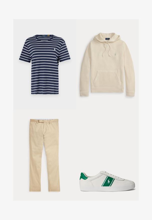 Sweat à capuche tricoté couleur crème avec poche avant, capuche à cordon, poignets et ourlet côtelés et un petit logo brodé sur la poitrine.; T-shirt en coton bleu marine avec des rayures horizontales blanches, manches courtes, col rond, et un petit logo brodé sur la poitrine.; Pantalon beige à jambes droites avec passants de ceinture et braguette zippée à l'avant, posé à plat sur un fond blanc.; Baskets basses blanches avec une bande verte et le logo Polo sur le côté, languette de talon verte et lacets blancs, vues de côté gauche sur fond uni.