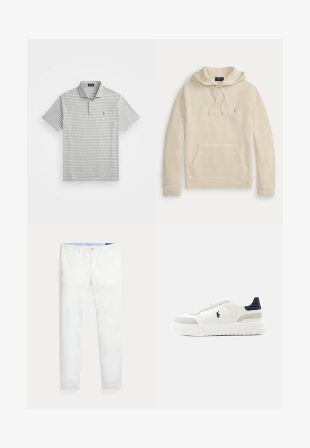 Gebreide hoodie in crèmekleur met voorzak, capuchon met trekkoord, geribbelde manchetten en zoom, en een klein geborduurd logo op de borst.; Grijze polo shirt met dunne witte strepen, korte mouwen, een knoopsluiting met drie knopen en een klein logo op de linkerkant van de borst. Gemaakt van zachte katoen.; Witte katoenen chino's met een slim fit, voorzien van een enkele gouden knoopsluiting en een lichtblauwe binnenband. Gladde textuur zonder patronen.; Witte lage sneaker met zwarte hielkap, grijze suède accenten, dikke zool en zwart Polo-logo aan de buitenkant.