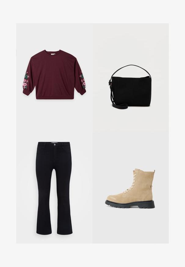 Mørkerød langærmet skjorte med ribbede manchetter og lyserøde blomsterprint på begge ærmer vist på ensfarvet baggrund.; ONLY Carmakoma Flared fit CARTHUNDER Mid waist - Flared jeans - black denim; Beige ruskind ankelstøvler med rund tå, snørebåndsdesign, polstret krave og en tekstureret sort gummisål.; Sort rektangulær håndtaske med kort håndtag og aftagelig skulderrem, præsenteret mod en lys, ensfarvet baggrund.