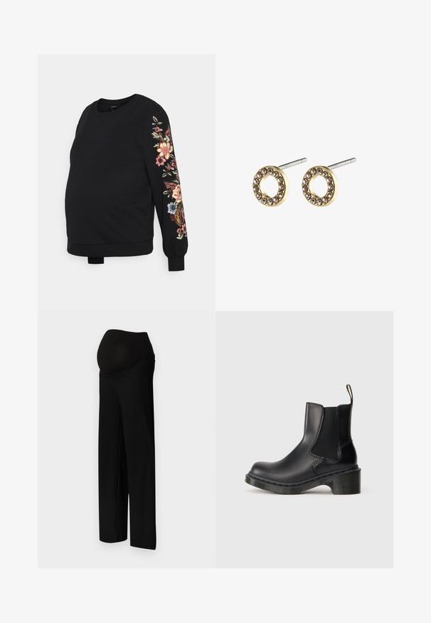 ONLY MATERNITY OLMCONNY - Sweatshirt - black; Pantalons de maternité noirs à côtes avec une large ceinture élastique et une coupe large et décontractée. Le tissu est lisse avec une texture subtile.; Bottine noire en cuir avec panneau latéral élastique, languette de tirage, semelle épaisse et petit talon carré, présentée de profil sur un fond uni.; Boucles d'oreilles en or en forme d'anneau, présentant un design circulaire, rehaussées de strass transparents le long du bord extérieur; tiges en métal argenté pour le maintien.
