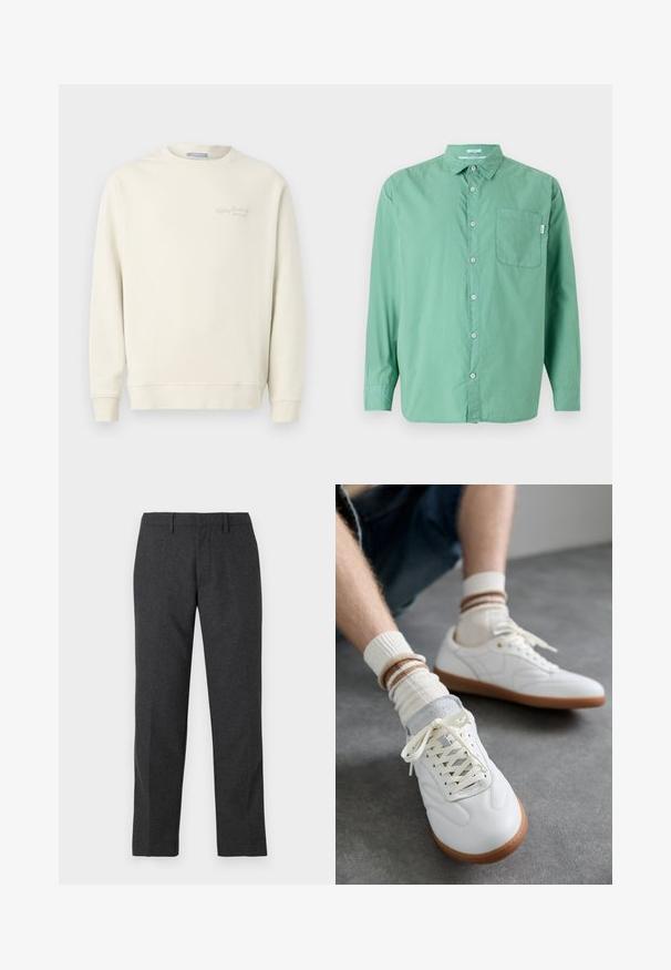 Replay LOGO CREW NECK - Sudadera - natural rope; Camisa verde de botones, de manga larga, de material de algodón, con un solo bolsillo en el pecho, corte relajado, textura sutil y diseño de cuello clásico.; Pantalones oscuros de corte ajustado en gris con una textura suave, piernas rectas, bolsillos frontales y pasadores para cinturón que permiten un ajuste regulable.; Zapatillas de cuero blanco con una textura suave, detalles en gamuza gris, suelas de goma beige y cordones planos. Combinadas con calcetines a rayas en tonos crema y marrón.