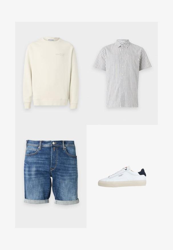 Replay LOGO CREW NECK - Sweatshirt - natural rope; Kortærmet skjorte med knapper i hvid og blå lodrette striber, udstyret med en brystlomme og et klassisk kravedesign. Stoffet er en bomuldsblanding.; Denimshorts i en mellemblå vask, med et klassisk design med optrukket kant ved kanten, kontrastsyninger og forlommer.; Hvid lavtop-sneaker med beige sål, hvide snørebånd, sort hælkappe og "Pepe Jeans London"-logo på siden.