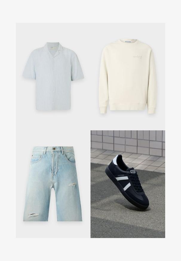 Replay LOGO CREW NECK - Sudadera - natural rope; Camisa de botones de manga corta en rayas azul claras y blancas. Presenta un cuello clásico y un corte relajado en una tela ligera.; Pantalones cortos de mezclilla azul claro con un corte relajado, que presentan detalles desgastados, bolsillos laterales y un solo cierre con botón en la parte superior.; Zapatilla de cuero negra con rayas blancas, suela de goma texturizada y parte frontal con cordones. Cuenta con una etiqueta de marca en la lengüeta.