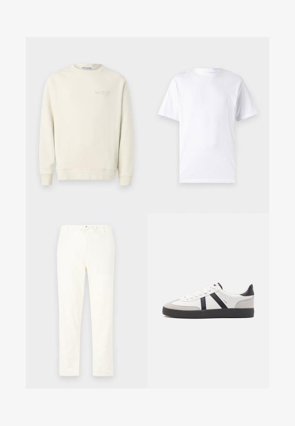 Replay LOGO CREW NECK - Mikina - natural rope; Biela krátka rukávová tričko vyrobené z bavlny s okrúhlym výstrihom, s hladkou textúrou a jednoduchým dizajnom bez vzorov alebo akcentov.; Biele, ľahké ľanové nohavice s elastickým pásom na šnurovanie. Rovný strih, minimálna textúra a žiadne viditeľné vzory alebo hardvérové detaily.; Biele tenisky s čiernymi a šedými akcentmi, s textúrovanou šedou špičkou, čiernou gumovou podrážkou a plochými bielymi šnúrkami. Čistý dizajn, minimalistický štýl.