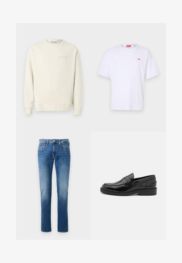 Replay LOGO CREW NECK - Sweatshirt - natural rope; Weißes Baumwoll-T-Shirt mit kurzen Ärmeln, Rundhalsausschnitt und einem kleinen roten rechteckigen Diesel-Logo auf der linken Brust.; Herren Jeans aus blauem Denim mit einem verwaschenen Finish, gerader Beinschnitt, fünf Taschen und einem Knopfverschluss vorne. Genähte Akzente an den Taschen.; Schwarze Lederloafers mit glatter Oberfläche, abgerundetem Zehenbereich, niedrigem Absatz und dekorativer Naht entlang der Vorderseite. Gummisohle für guten Halt.