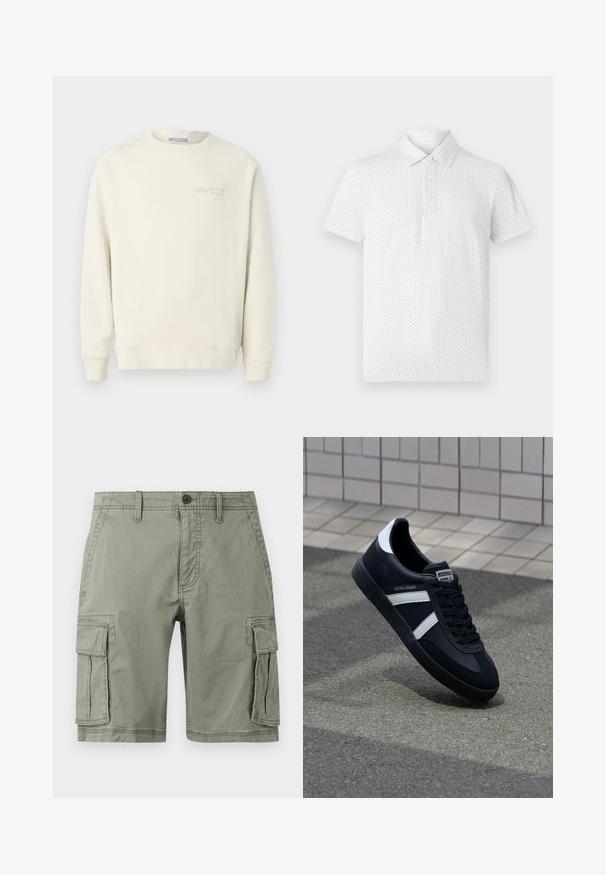 Replay LOGO CREW NECK - Sweatshirt - natural rope; Hvid kortærmet polo-shirt med et lille geometrisk mønster, tre knapper på kraven og en klassisk pasform. Fremstillet af åndbart stof.; Grønne cargo shorts lavet af bomuldsblanding, der har to sidelommer, knaplukning og lige snit.; Sort lædersneaker med hvide striber, tekstureret gummisål og snørrebånd foran. Har et brandet mærke på tungen.
