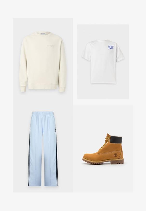 Replay LOGO CREW NECK - Sweatshirt - natural rope; Hvid kortærmet T-shirt med lille blåt "huf" logo gentaget tre gange på venstre brystområde.; Lyseblå træningsbukser med elastisk taljebånd, sorte sidelister og lille sort Adidas-logo på venstre lår.; Brune læder ankelstøvle med metaløjer, hvid pelsforing, sort polstret krave, robust sål og præget logo på siden.