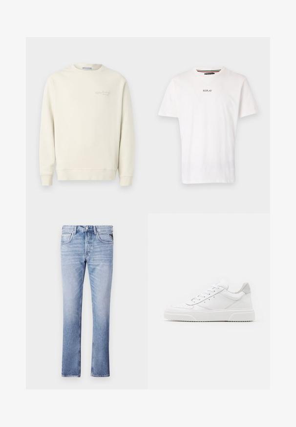 Replay LOGO CREW NECK - Sweatshirt - natural rope; Hvid bomulds t-shirt med v-hals, korte ærmer, og en lille "REPLAY" trykt på brystet. Glat tekstur, afslappet pasform.; Lyseblå denimjeans med lige ben, fem lommer og synlige syninger. Glat tekstur og klassisk pasform.; Hvide lædersneakers med en glat finish, rund tå, flade snørebånd og en struktureret sål. Grå ruskindsdetalje ved hælen.