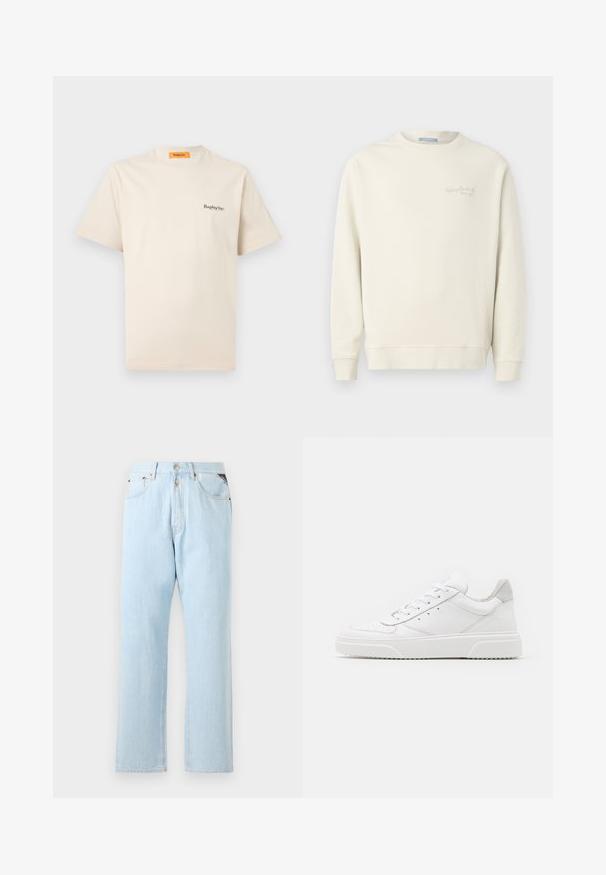 Replay LOGO CREW NECK - Sweatshirt - natural rope; Replay Inc. ESSENTIAL LOGO UNISEX - T-Shirt basic - ivory; Hellblaue Jeans aus Denim mit geradem Bein. Verfügt über einen Knopf- und Reißverschluss, fünf Taschen und kontrastierende Nähte.; Weiße Leder-Sneaker mit glatter Oberfläche, rundem Zehenbereich, flachen Schnürsenkeln und strukturiertem Schuhsohlen. Graues Wildleder-Detail an der Ferse.
