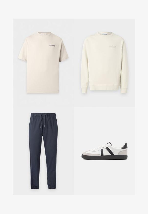 Replay LOGO CREW NECK - Sweatshirt - natural rope; T-shirt beige à manches courtes avec col rond et petit texte noir "URBAN HERITAGE WHERE FOOTSTEPS MEET HISTORY" sur la poitrine gauche.; Pantalons de jogging navy fuselés avec une taille élastique, un cordon de serrage et des poignets élastiques, dotés d'un tissu lisse et léger.; Baskets blanches avec des accents noirs et gris, présentant un embout texturé gris, une semelle en caoutchouc noir et des lacets plats blancs. Design épuré, style minimaliste.