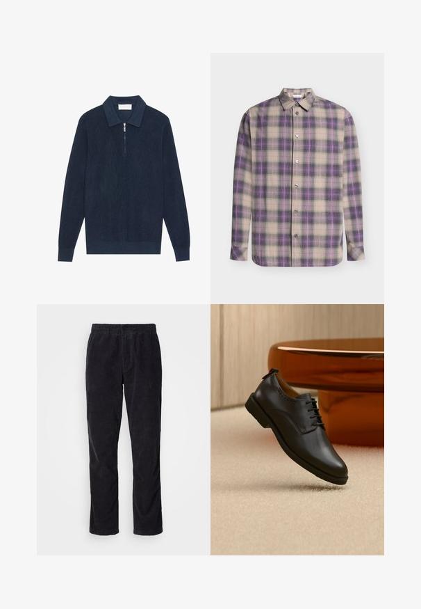 Polo de manga larga de punto en azul marino oscuro con textura acanalada y un pequeño zipper plateado en el cuello.; Camisa de manga larga con botones, con patrón de cuadros en beige, morado y negro y cuello clásico, mostrada extendida sobre un fondo claro.; Pantalones de pana negros con diseño de pierna recta, cintura elástica y sutil textura de rigas verticales. Sin herrajes visibles.; Zapato de vestir de cuero negro con cordones, posicionado flotando sobre una alfombra beige claro, mesa redonda naranja al fondo.