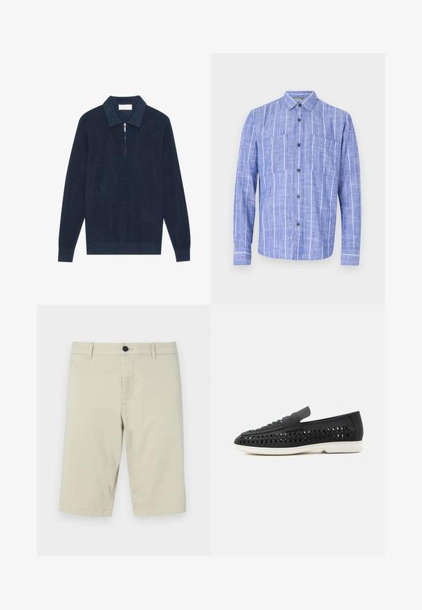 Mørk marineblå strikket langærmet polo shirt med ribbet tekstur og en kort sølv lynlås ved kraven.; Langærmet blå skjorte med hvide lodrette striber, knaplukning foran, to brystlommer og klassisk krave.; Beige shorts lavet af let bomuldsblanding, med flad front, bæltesløjfer, knaplukning og knælang kant.; Sort vævet lædersko med hvid sål, lav hæl og perforerede sider for ventilation, vist fra siden.
