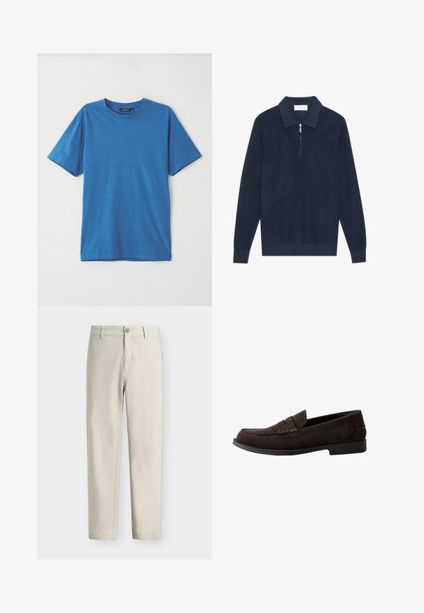 Diep marineblauwe gebreide polo met lange mouwen, met ribbelstructuur en een korte zilveren rits bij de kraag.; Blauwe katoenen t-shirt met korte mouwen, ronde hals en een zachte textuur. Geen patronen of accenten. Eenvoudig, klassiek ontwerp.; Lichtbeige rechte broek met knoop- en ritssluiting en riemlussen, afgebeeld op een effen witte achtergrond.; Donkerbruine suède herenloafer met lage hak, mocassinnaaien en een banddetail over de bovenkant.