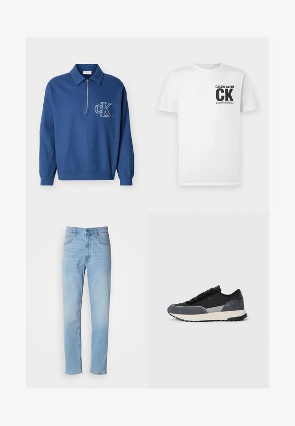 Blå langærmet pullover med krave, halv lynlås, ribbede manchetter og kant, med hvidt "cK" logo på venstre bryst.; Hvid bomuld T-shirt med sort "CALVIN KLEIN" logo og teksten "CK Established 1968" på venstre bryst. Kortærmet, klassisk pasform.; Lys blå denim jeans med lige pasform, fem lommer og bæltestropper. Stoffet har en glat overflade med en let falmningseffekt.; Sko med snørebånd i en blanding af sort stof, grå ruskindsdetaljer og en kraftig hvid mellemsål med sort gummisåler.
