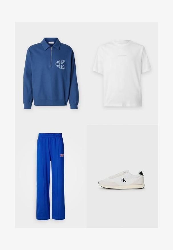 Blå langærmet pullover med krave, halv lynlås, ribbede manchetter og kant, med hvidt "cK" logo på venstre bryst.; Hvid T-shirt med korte ærmer og rund hals, med diskret præget Calvin Klein-logo centreret på brystet.; Lyseblå elastiske sweatpants med lige ben og et lille rødt og hvidt "VERY" logo på højre lår.; Hvid sneaker lavet af ruskind og stofmaterialer. Har et sort hæl-akse, snørebåndsdesign og et lille sort logo på siden.