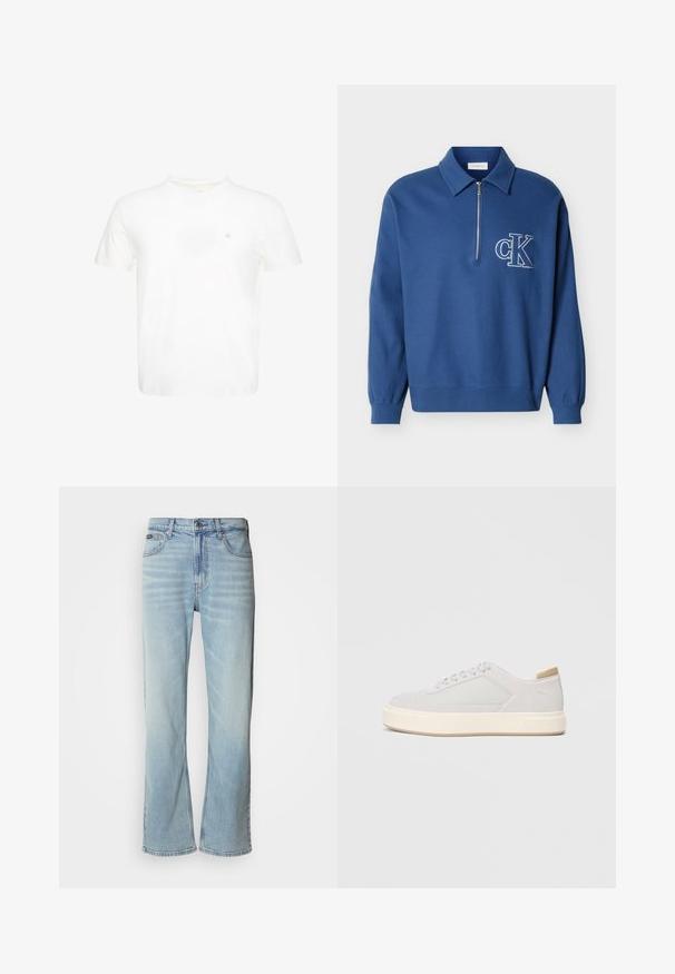 Blauer Langarm-Pullover mit Kragen, halbem Reißverschluss, gerippten Bündchen und Saum, mit weißem "cK"-Logo auf der linken Brust.; Weißes T-Shirt mit kurzen Ärmeln und Rundhalsausschnitt mit kleinem gesticktem "ck" Logo auf der linken Brust.; Hellblaue Jeans aus Denim mit geradem Bein, ausgestattet mit fünf Taschen, einem Knopfverschluss und subtilen Verwaschungen im Stoff.; Hellgraue Sneaker mit einer glatten Synthetik-Oberfläche, runder Spitze und einer strukturierten cremefarbenen Zwischensohle. Helle tanfarbene Akzente an der Ferse.