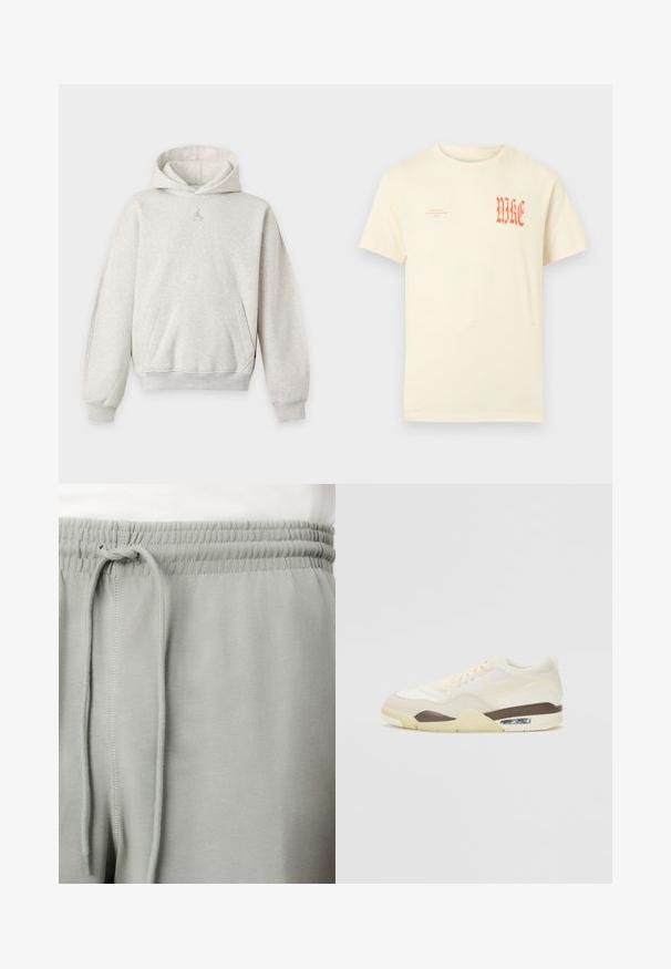 Sudadera con capucha de color gris claro, con bolsillo frontal, puños y bajo acanalados, y pequeño logo de Jordan en el pecho.; Camiseta de manga corta color crema con pequeño texto naranja "NIKE AIR INCORPORATED 1972" en el pecho izquierdo y un gran texto estilizado "NIKE" en el pecho derecho.; Primer plano de pantalones de chándal gris claro con cintura elástica y cordón, llevados con una camiseta blanca.; Zapatilla con una parte superior crema que combina texturas de malla y lisas, un acento marrón, suela en un tono amarillo claro y amortiguación de aire visible en el talón.