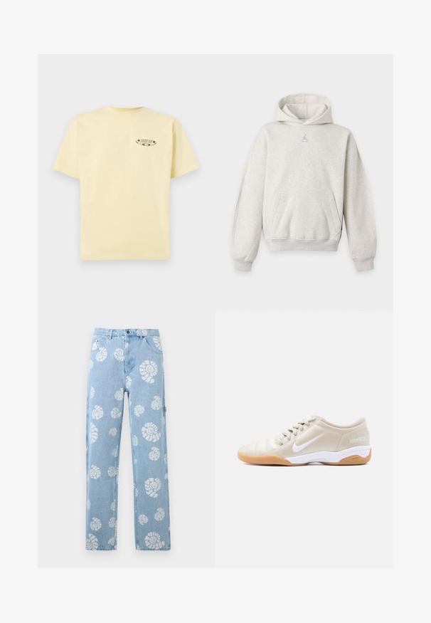 Sudadera con capucha de color gris claro, con bolsillo frontal, puños y bajo acanalados, y pequeño logo de Jordan en el pecho.; Camiseta de algodón amarilla con mangas cortas y cuello redondo, que presenta un logo gráfico impreso en la parte izquierda del pecho.; Vaqueros de mezclilla azul claro con patrones de conchas en espiral blancas, corte recto, bolsillos delanteros y pasadores para cinturón.; Zapatilla de fútbol sala Nike Total 90 III beige con el swoosh blanco, entresuela blanca, suela de goma color caramelo y cordones beige, vista de perfil lateral.