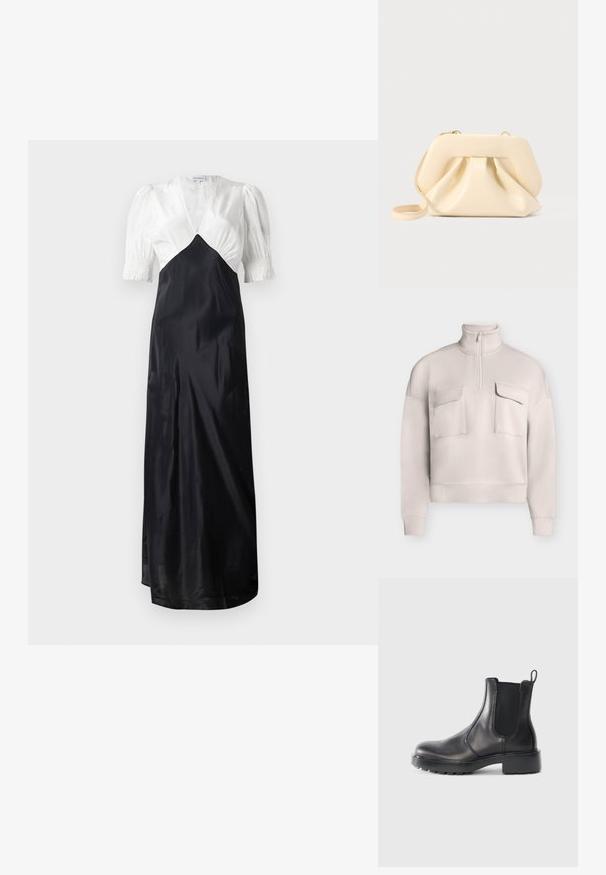Lys beige langærmet pullover med høj krave, kvart lynlås foran og to store lommer med klap på brystet.; Lang kjole med hvid satinoverdel og sort satinkørt, med puffede ærmer og dyb V-udskæring. Glat tekstur, elegant design.; Sort læder Chelsea-støvle med elastiske sidepaneler, rund tå, kraftig gummisål og en løkke bagpå.; Beige blød læder clutch-taske med struktureret ramme og rynket frontdetalje, med en tynd håndledsrem og guldlås.