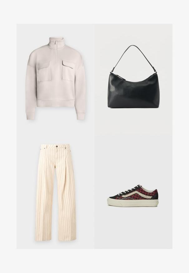 Lys beige langærmet pullover med høj krave, kvart lynlås foran og to store lommer med klap på brystet.; Bukser i cremefarve med vide ben og tynde lodrette sorte striber, forkanter, bæltestropper, knap og lommer.; Vans OLD SKOOL 36 UNISEX - Sneakers - bordeaux; Sort skuldertaske i struktureret læder med buet toplynlås og enkelt justerbar rem mod ensfarvet baggrund.