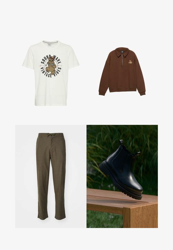 Bruine pullover met lange mouwen, een kraag en een ritssluiting aan de voorkant, voorzien van een kleine geborduurde vogel en ovale afbeelding op de linkerborst.; Witte katoen T-shirt met een grafiek van een beer in een zonnebril en een hoed, met de tekst "SOUND WAVE VINTAGE VIBES" in vette letters.; Olijfgroene broek van textured stof, met een tailleband met trekkoord en rechte pijpen, weergegeven tegen een witte achtergrond.; Zwarte leren chelsea boot met een ronde neus, dikke rubberen zool en zij-elastische panelen, gepresenteerd op een houten oppervlak met groen in de achtergrond.