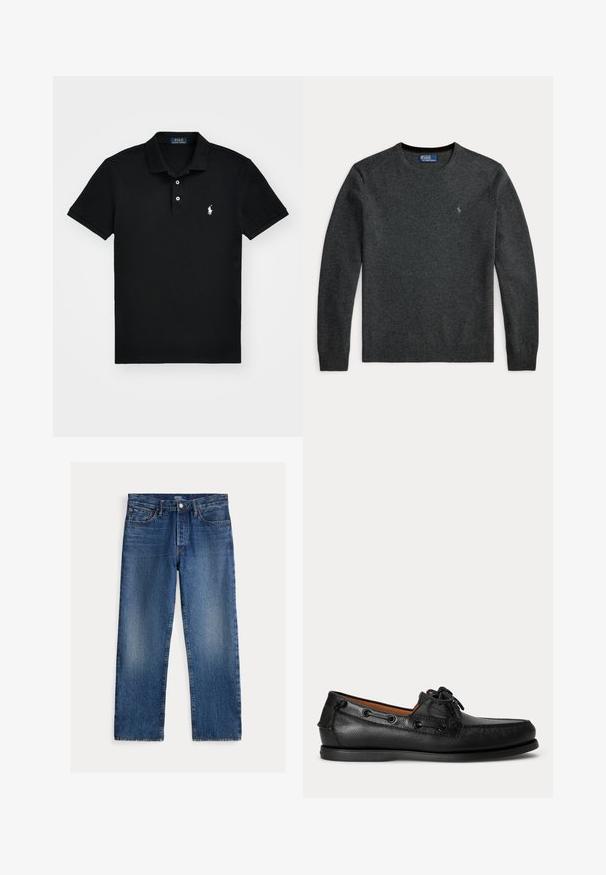 Mørkegrå langærmet crew neck-trøje med et lille broderet logo på brystet og ribbet manchetter og kant.; Sort polo skjorte lavet af bomuld, med en klassisk krave, tre-knaps lukning, korte ærmer og et hvidt logo på venstre bryst.; Blå straight-leg jeans med falmede detaljer, fem lommer, bæltestropper samt knap- og lynlåslukning, Polo Ralph Lauren mærke indeni.; Sort lædermoccasin med snøredetalje og lav gummisål, vist fra siden på ensartet lys baggrund.
