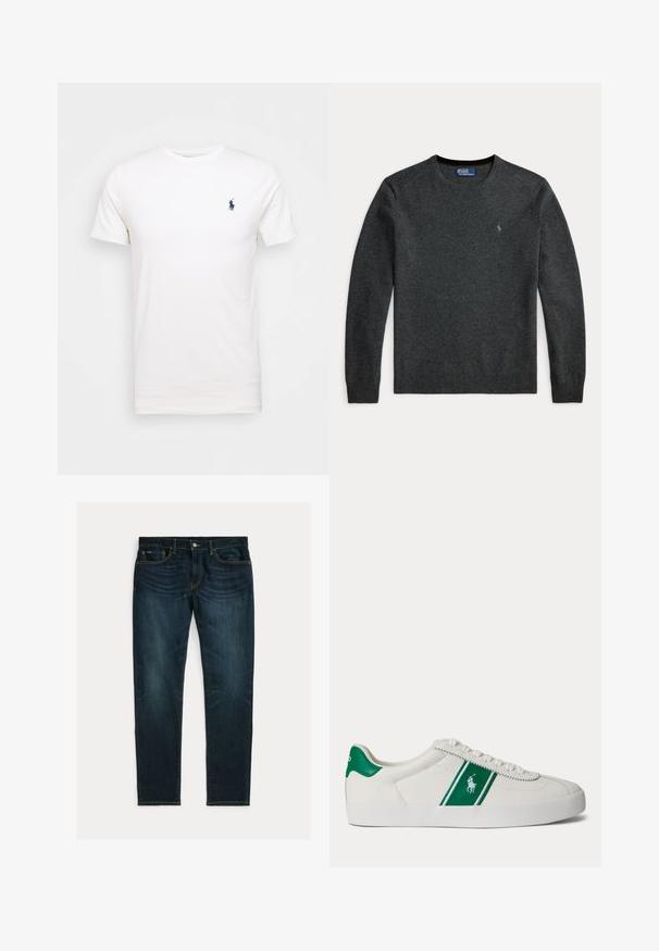 Donkergrijze trui met lange mouwen en een ronde hals, met een klein geborduurd logo op de borst en geribbelde boorden en zoom.; Witte katoenen t-shirt met een ronde hals. Heeft een klein donkerblauw logo op de linkerborst. Korte mouwen, soepele textuur.; Donkerblauwe slim-fit jeans met lichte vervaging en vijfzakkenontwerp, plat gelegd op een witte achtergrond.; Witte lage sneaker met groene streep en Polo-logo aan de zijkant, groene hieltab en witte veters, vanaf de linkerkant getoond op een effen achtergrond.