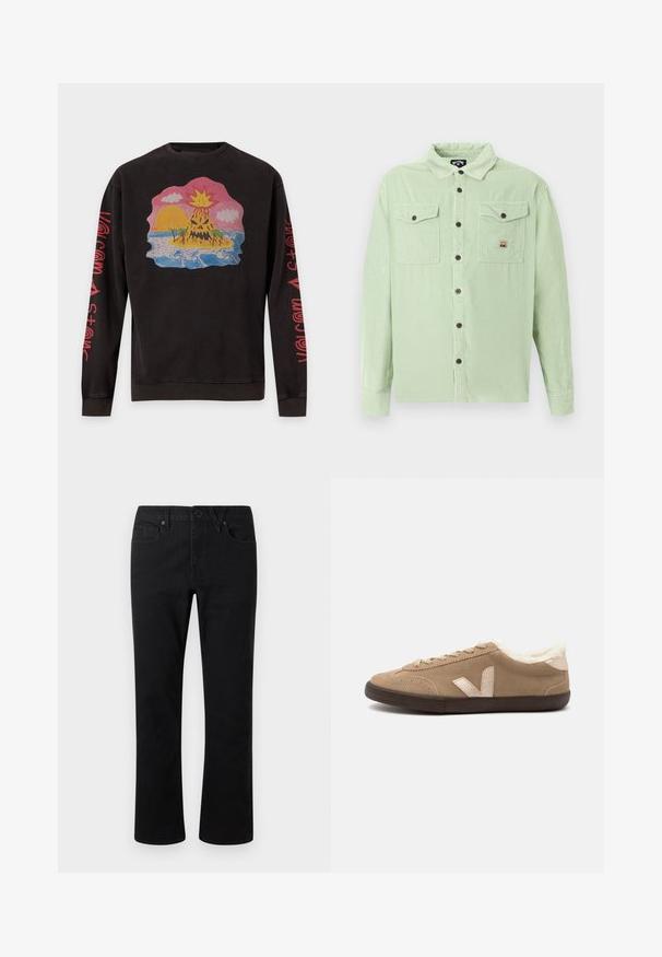 Sweat-shirt noir à manches longues avec un dessin coloré d’un volcan en éruption, du soleil, des palmiers, des vagues océaniques sur le devant et du texte rouge sur les manches.; Chemise à manches longues en velours côtelé vert clair avec des boutons marron et deux poches poitrine à boutons, dont une avec un petit patch logo.; Pantalon noir à jambes droites avec fermeture à bouton et zip, passants pour ceinture et poches avant, présenté sur un fond clair uni.; Baskets basses en daim marron clair avec logo « V » beige, semelle marron, laçage à l’avant et doublure intérieure blanche et duveteuse.