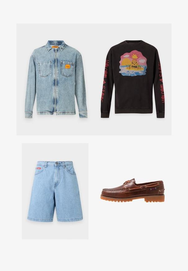 Zwarte sweatshirt met lange mouwen met een kleurrijke afbeelding van een uitbarstende vulkaan, zon, palmbomen en oceaangolven aan de voorkant en rode tekst op de mouwen.; Lichtblauwe denim jas met een volledige rits aan de voorkant, twee borstzakken en een klein oranje Replay Inc. label op de rechterzak en de kraag.; Lichtblauwe denimshorts met knoop- en ritssluiting aan de voorkant, riemlussen en voorzakken, getoond op een effen achtergrond.; Bruine leren bootschoen met rubberen loopzool, veterogen en een gestikte bovenkant, voorzien van een verhoogd, gestructureerd patroon langs de teen.