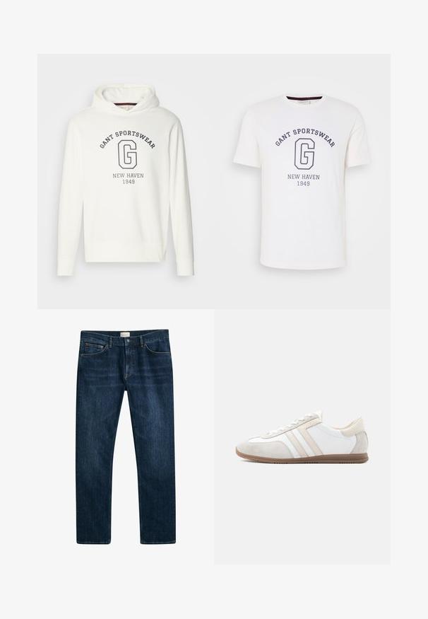 Hvid hættetrøje med "GANT SPORTSWEAR" tekst og et stort "G" logo i marineblå, med ribbede manchetter og kant. Glat stoftekstur.; Hvid bomulds T-shirt med rund halsudskæring, korte ærmer og mørkeblå trykt tekst: "GANT SPORTSWEAR," "NEW HAVEN," og "1949."; Mørkeblå denim jeans med lige ben, knap- og lynlåslukning samt forlommer. Glat tekstur og minimal falmning.; Lavprofileret hvid og beige sko med ruskindsdetaljer, snørelukning og brun gummisål, vist i sideprofil på ensfarvet baggrund.