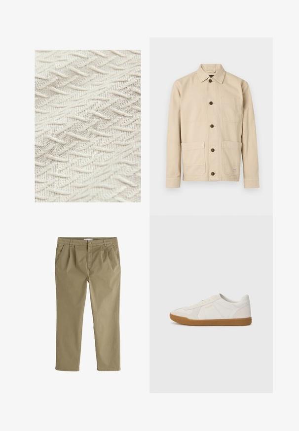 Tela texturizada de color crema, con un patrón de zigzag y hilos elevados para aportar profundidad y dimensión. Textura ligera y suave.; Chaqueta de trabajo color beige claro, tela de algodón, cierre frontal con botones, cuello puntiagudo, dos bolsillos en el pecho, dos bolsillos inferiores, botones marrones, detalles cosidos.; Pantalones casual beige con cierre de botón y cremallera, bolsillos delanteros, trabillas para cinturón y corte recto.; Zapatilla blanca hecha de cuero suave con suela de goma, con costuras sencillas y un pequeño logo dorado en el lado.