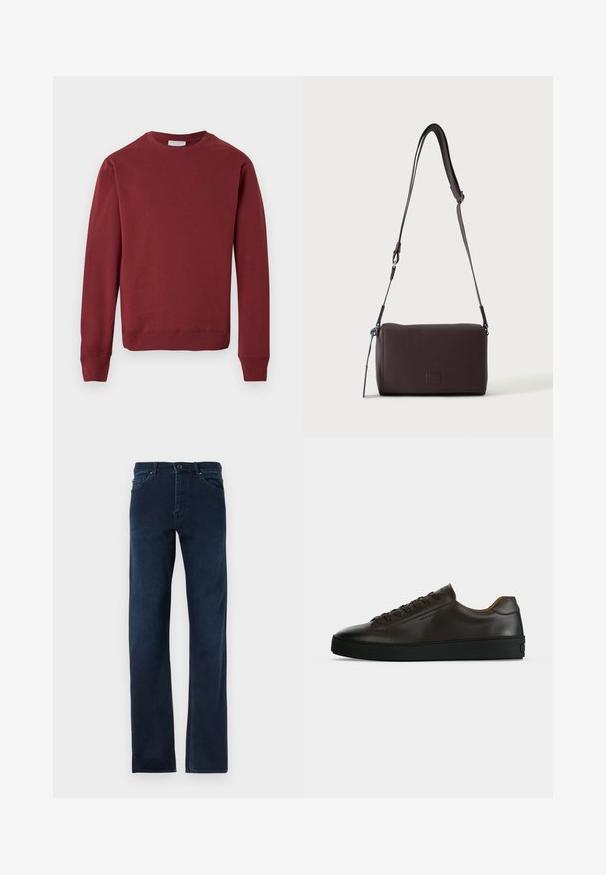 Bordeauxfarbener langärmeliger Sweater mit Rundhalsausschnitt, gerippten Bündchen und Saum, minimalistischem Logotext auf der oberen linken Brust, vor einem weißen Hintergrund.; Dunkelblaue Jeans aus Denim mit geradem Schnitt, fünf Taschen, einem Knopfverschluss und kontrastierenden Nähten entlang der Säume.; Flach geschnittener dunkelbrauner Ledersneaker mit schwarzer Gummisohle, Schnürung vorne und schlicht-minimalistischem Design auf hellem Hintergrund.; Dunkelbraune, strukturierte Leder-Crossbody-Tasche mit verstellbarem Riemen und kleinem dekorativen blauen Akzent an der Seite.