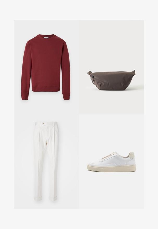 Bordeauxfarbener langärmeliger Sweater mit Rundhalsausschnitt, gerippten Bündchen und Saum, minimalistischem Logotext auf der oberen linken Brust, vor einem weißen Hintergrund.; Weiße, maßgeschneiderte Hosen mit flachem Bund, zwei Falten und umgeschlagenen Säumen. Hergestellt aus einem glatten Stoff mit einem Knopfverschluss an der Taille.; Weiße Sneaker mit einem glatten Lederobermaterial, beigen Schnürsenkeln und einer strukturierten, beigen Wildleder-Fersenschlaufe. Erhöhte Sohle für zusätzlichen Komfort.; Dunkelbraune Stoff-Gürteltasche mit diagonalem Reißverschlussfach und kleinem weißen Logo vorne, vor einem einfarbigen hellen Hintergrund.